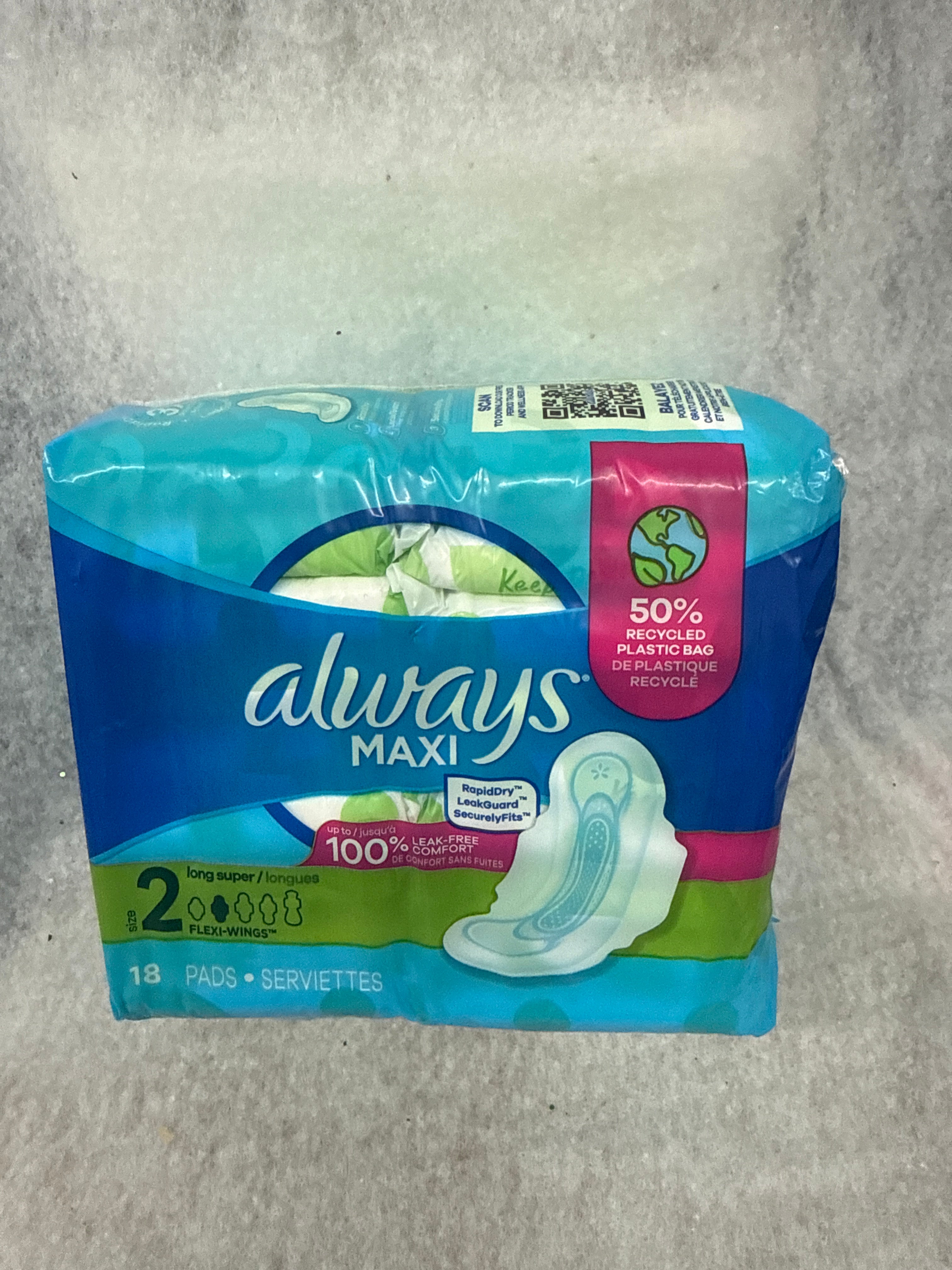 Always Maxi Feminine Pads with Wings, Size 2, Long Super Absorbency, Unscented, 18 ct