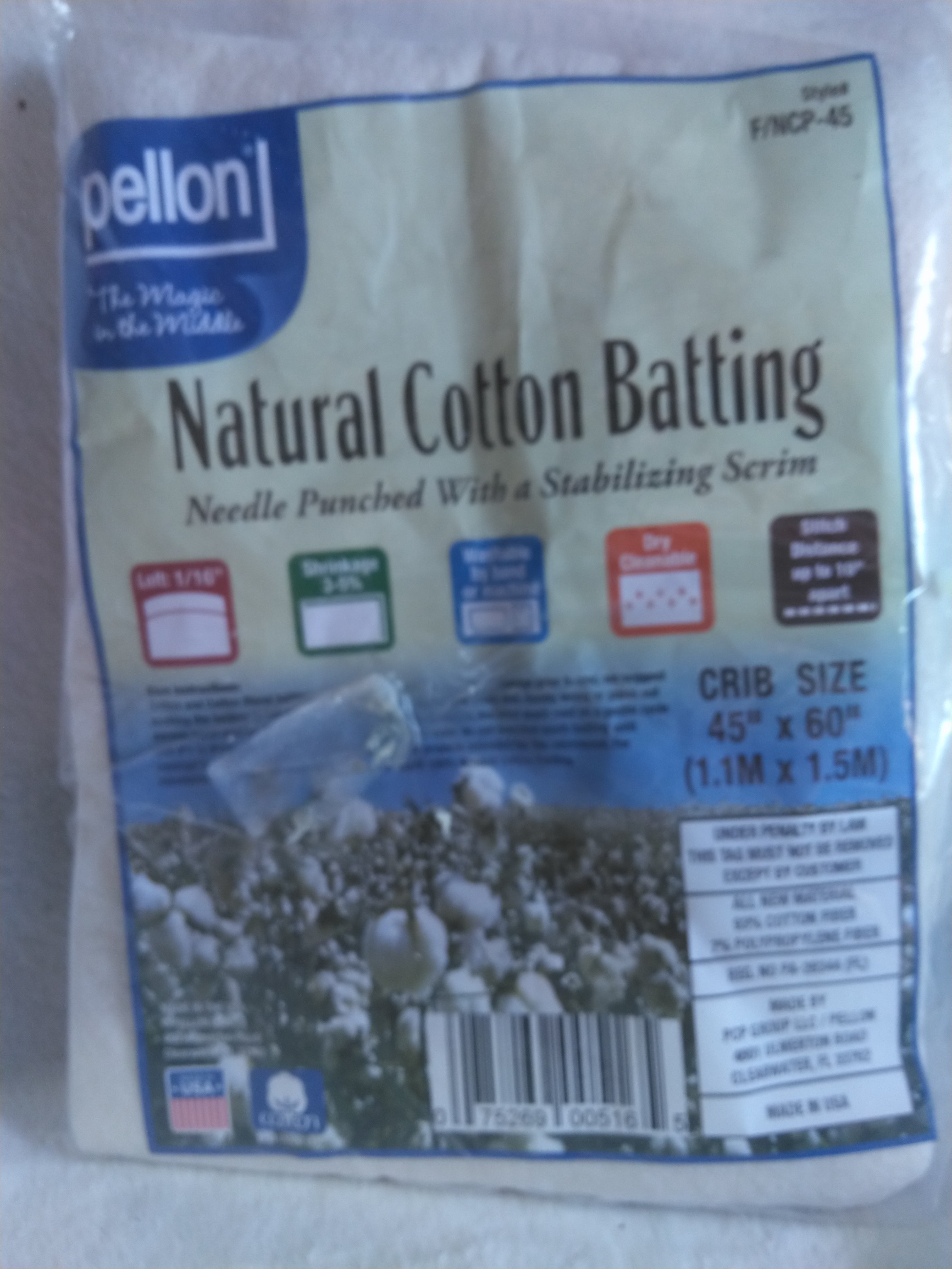 Pellon Cotton Quilting Batting  off-White Crib 45  x 60  Precut