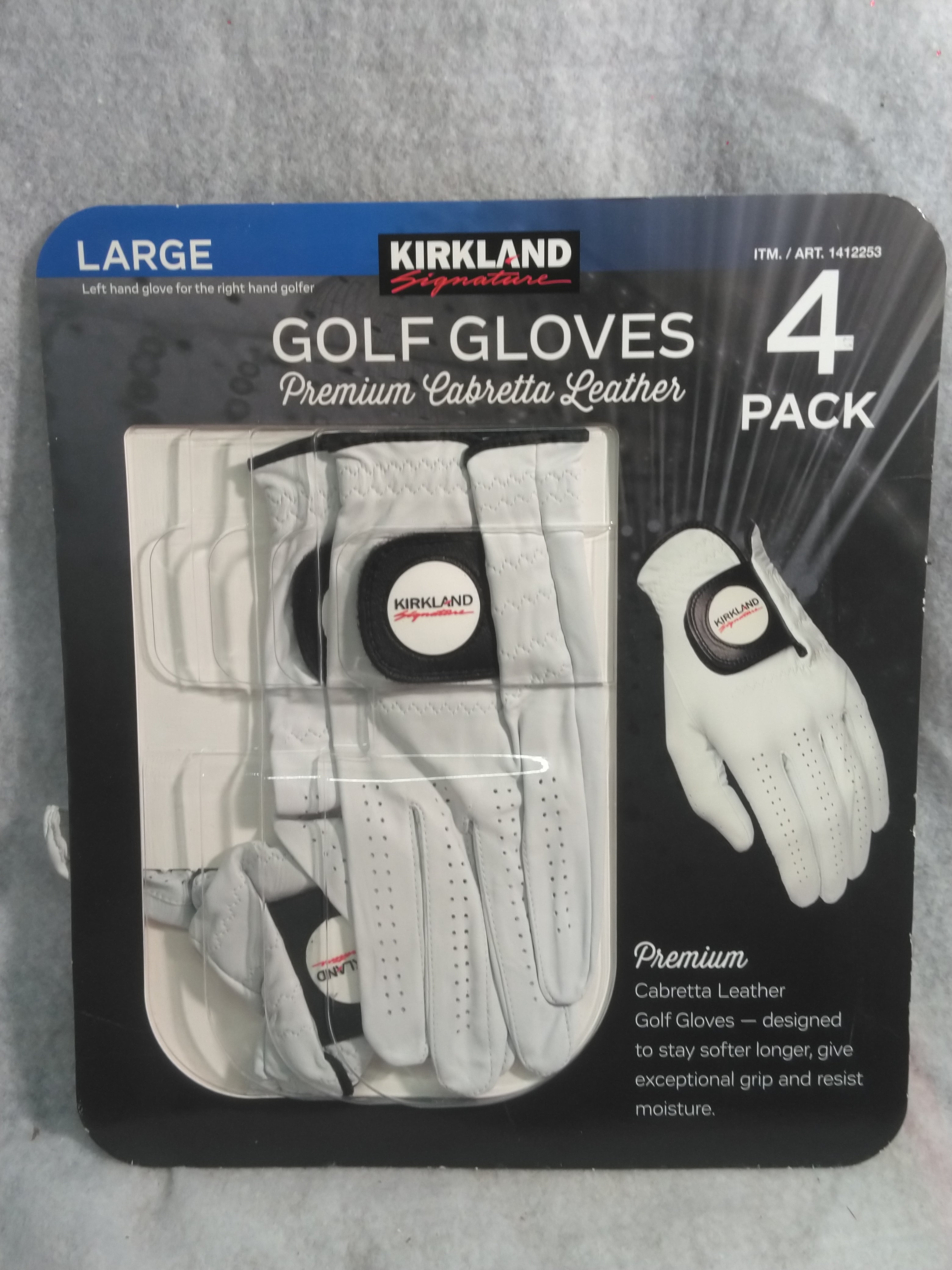 Kirkland Signature Premium Cabretta Leather Golf Gloves, 4-Pack (Size Large)