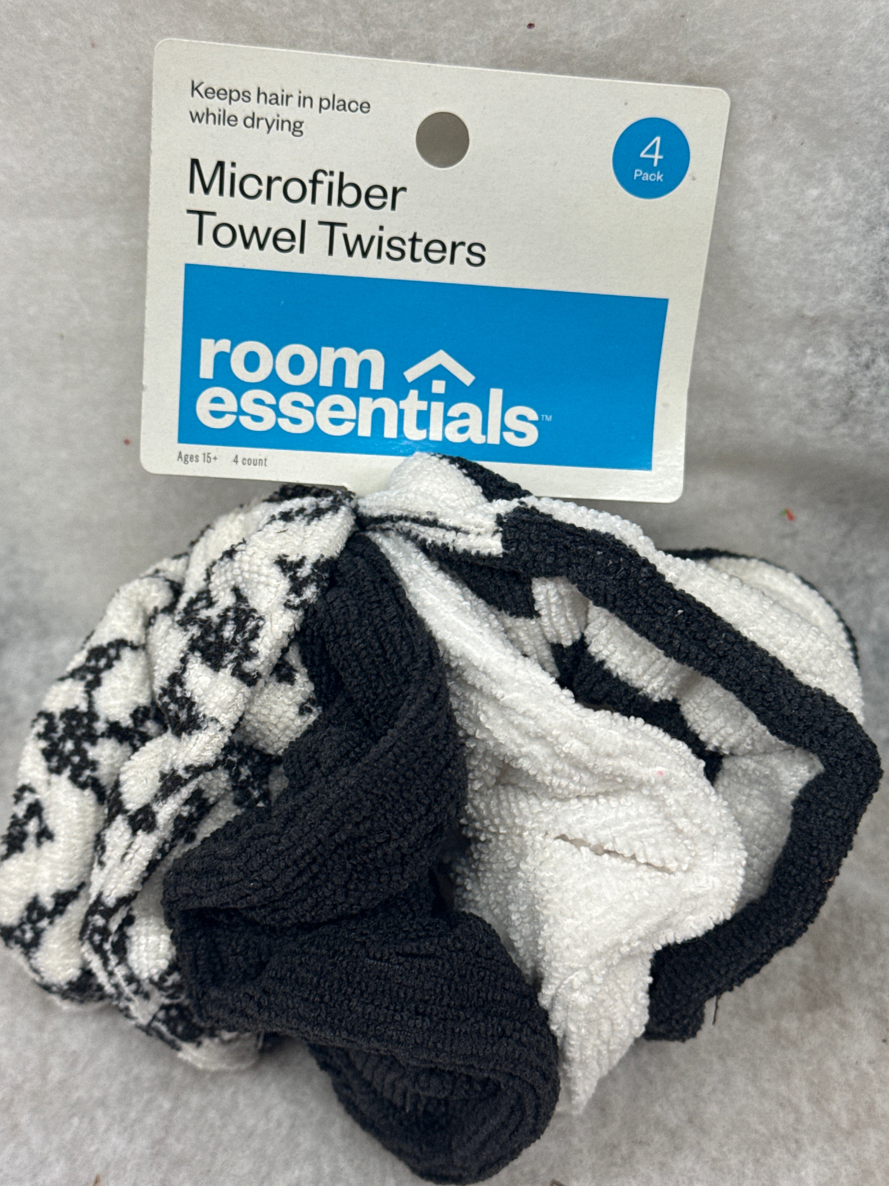 Room Essentials 4pk Microfiber Hair Drying Towel Twisters - Black/White