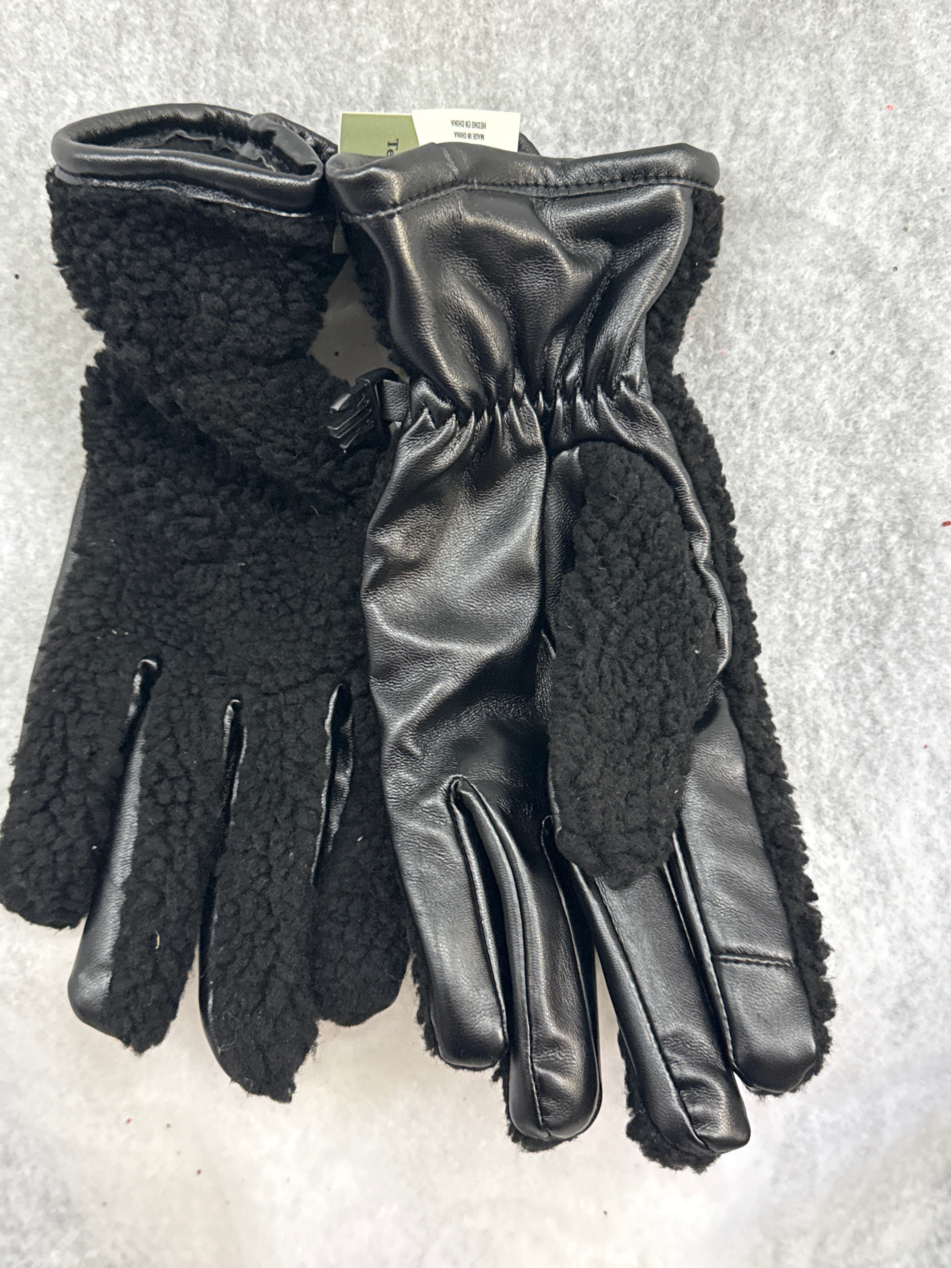 Black Sherpa and Faux Leather Mixed Media Gloves
