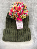Wild Fable Women's Green Knit Beanie Hat with Multicolor Pom OS