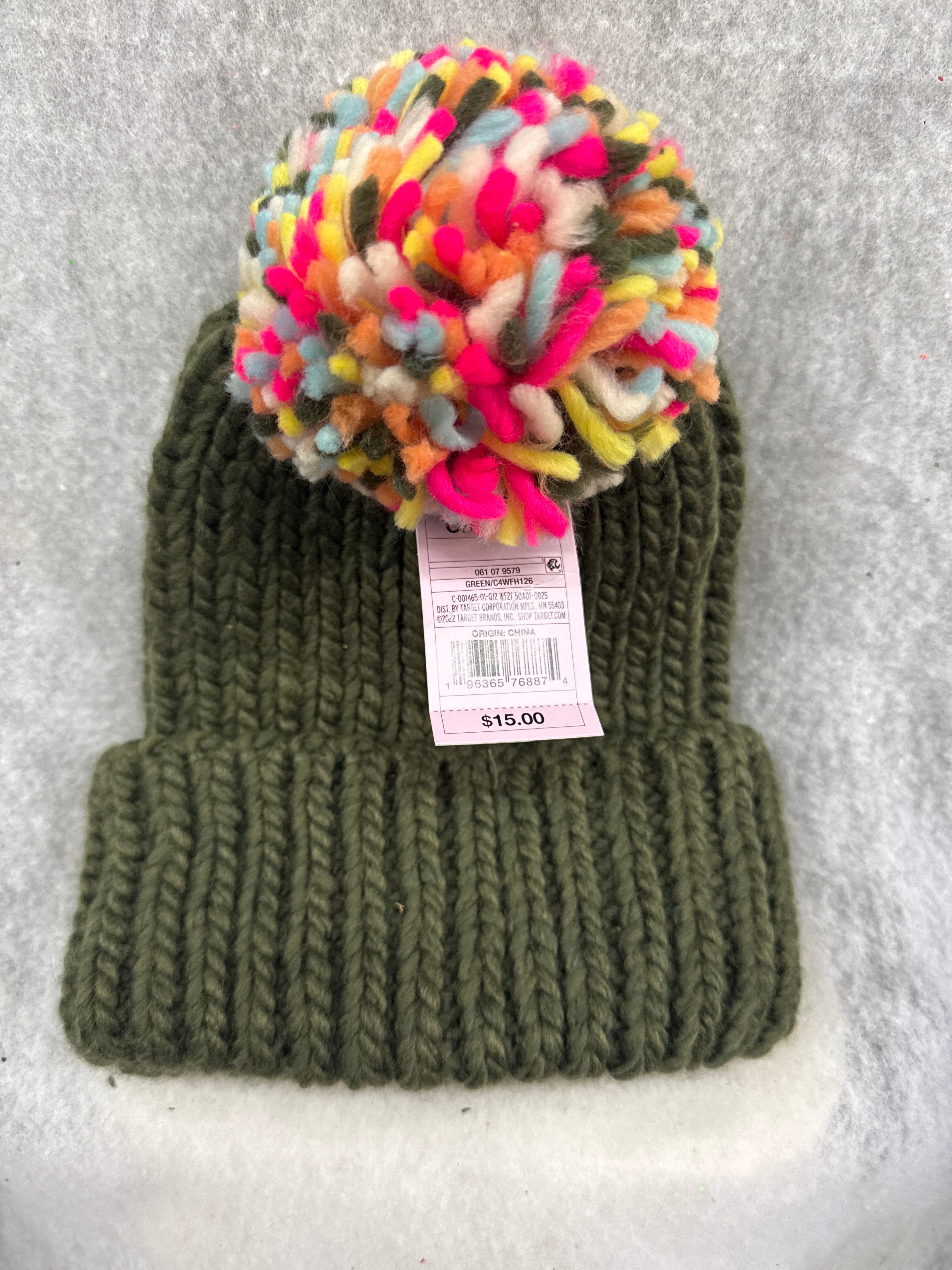 Wild Fable Women's Green Knit Beanie Hat with Multicolor Pom OS