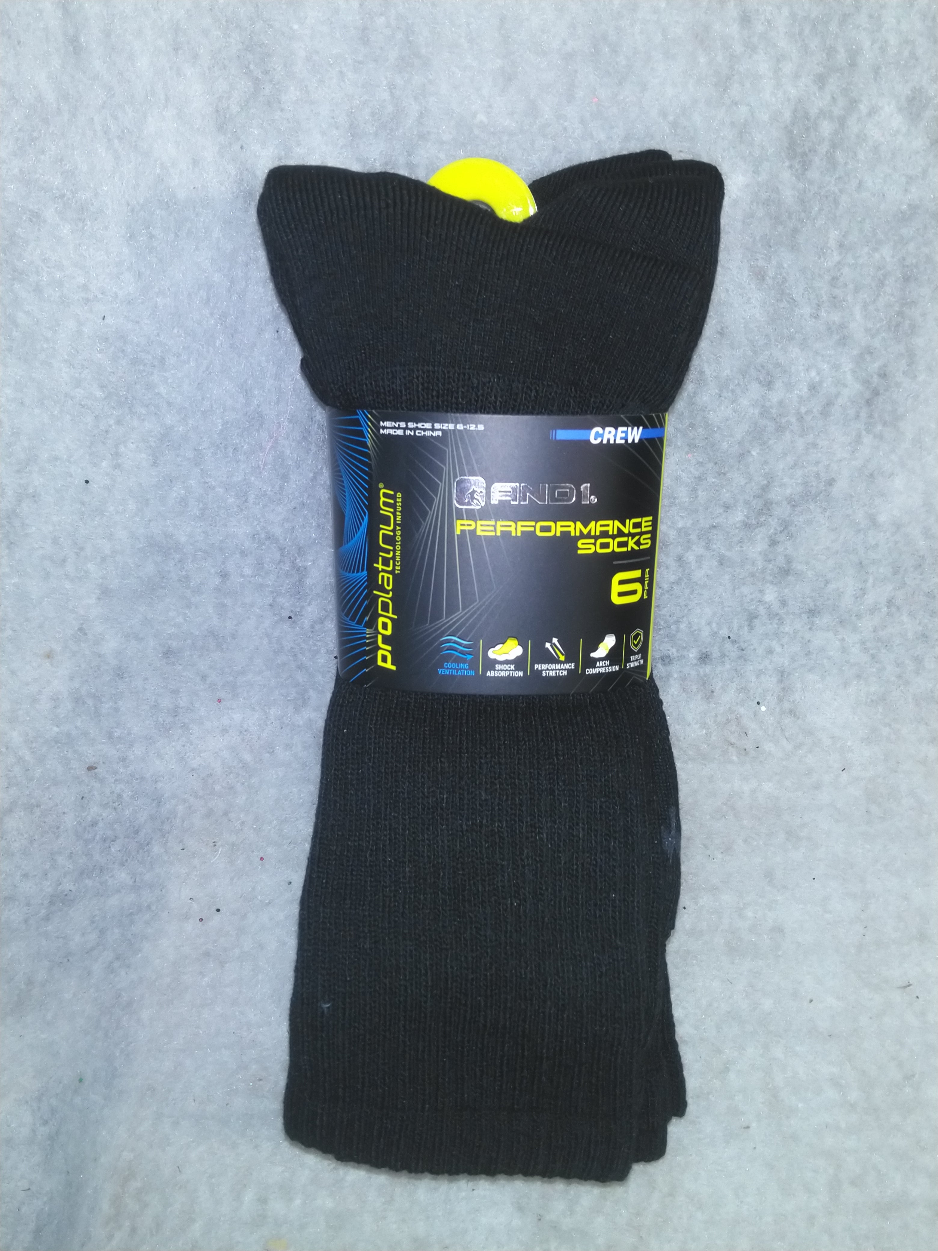AND1 Men's ProPlatinum Performance Crew Socks, 6 Pairs